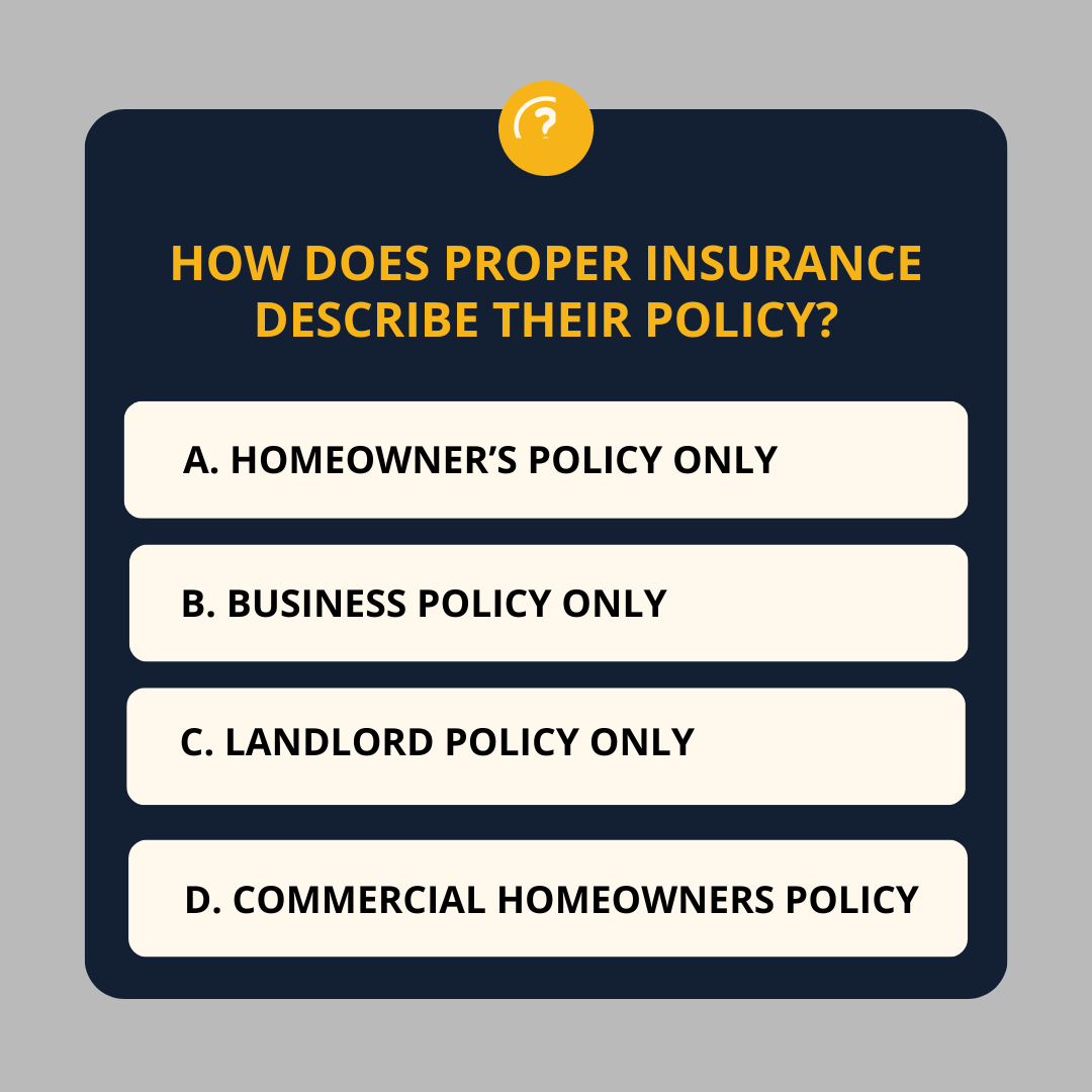 ProperIns's tweet photo. How do you think we describe our policy?

Reply with your guess, and we will DM you the answer!

#ProperInsurance #insurance #airbnbhost #airbnbtips #shorttermrental #airbnbbusiness #vrbohost https://t.co/pEicGUCnRi