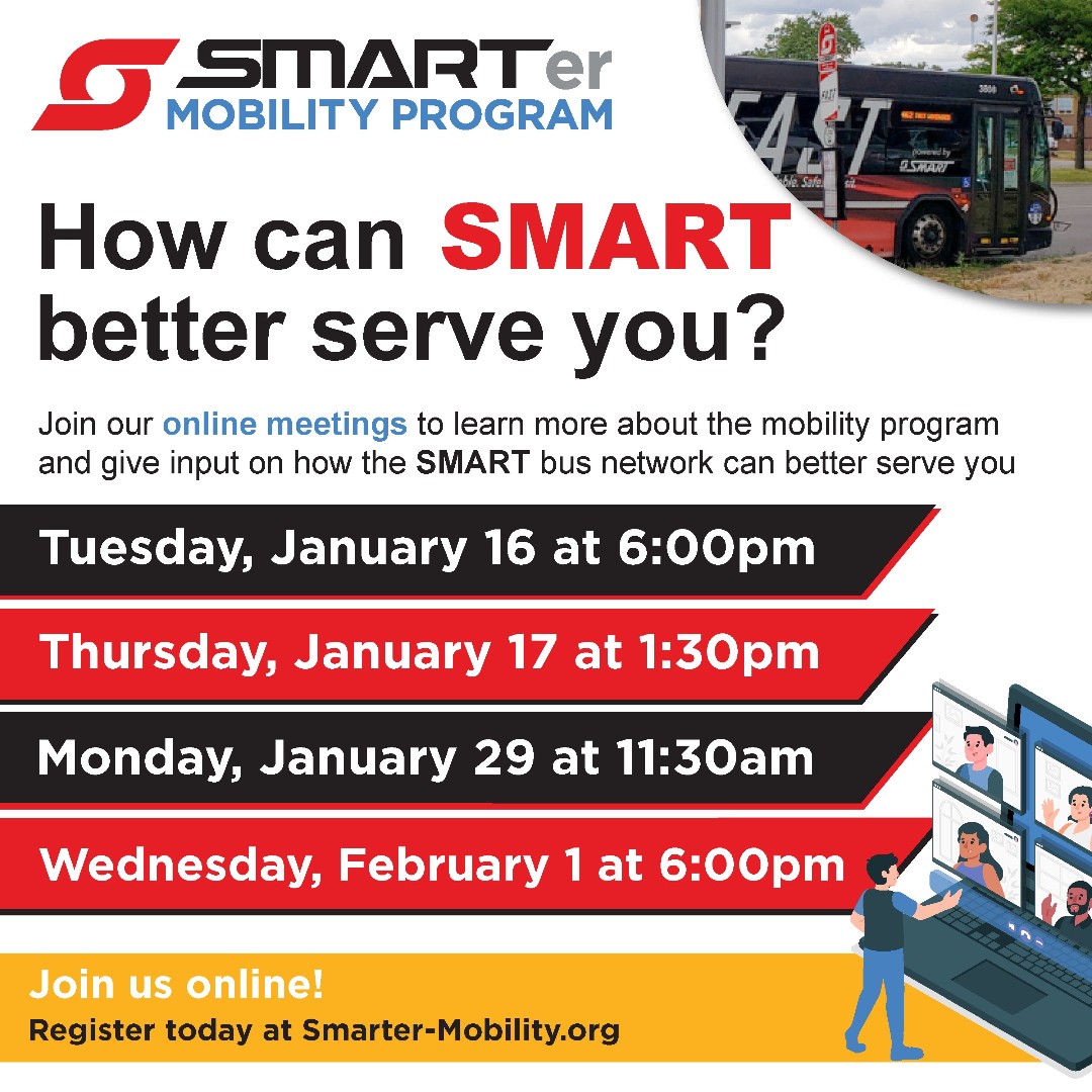 smart_movesus's tweet photo. Don't forget...tomorrow and Wednesday, we will have our SMARTer Mobility virtual session. Please bring your ideas on how SMART can better serve you! Be sure to click https://t.co/enxccjWvg1 and register for our online sessions. #SMARTerMobility https://t.co/MTFtzyQQ7L