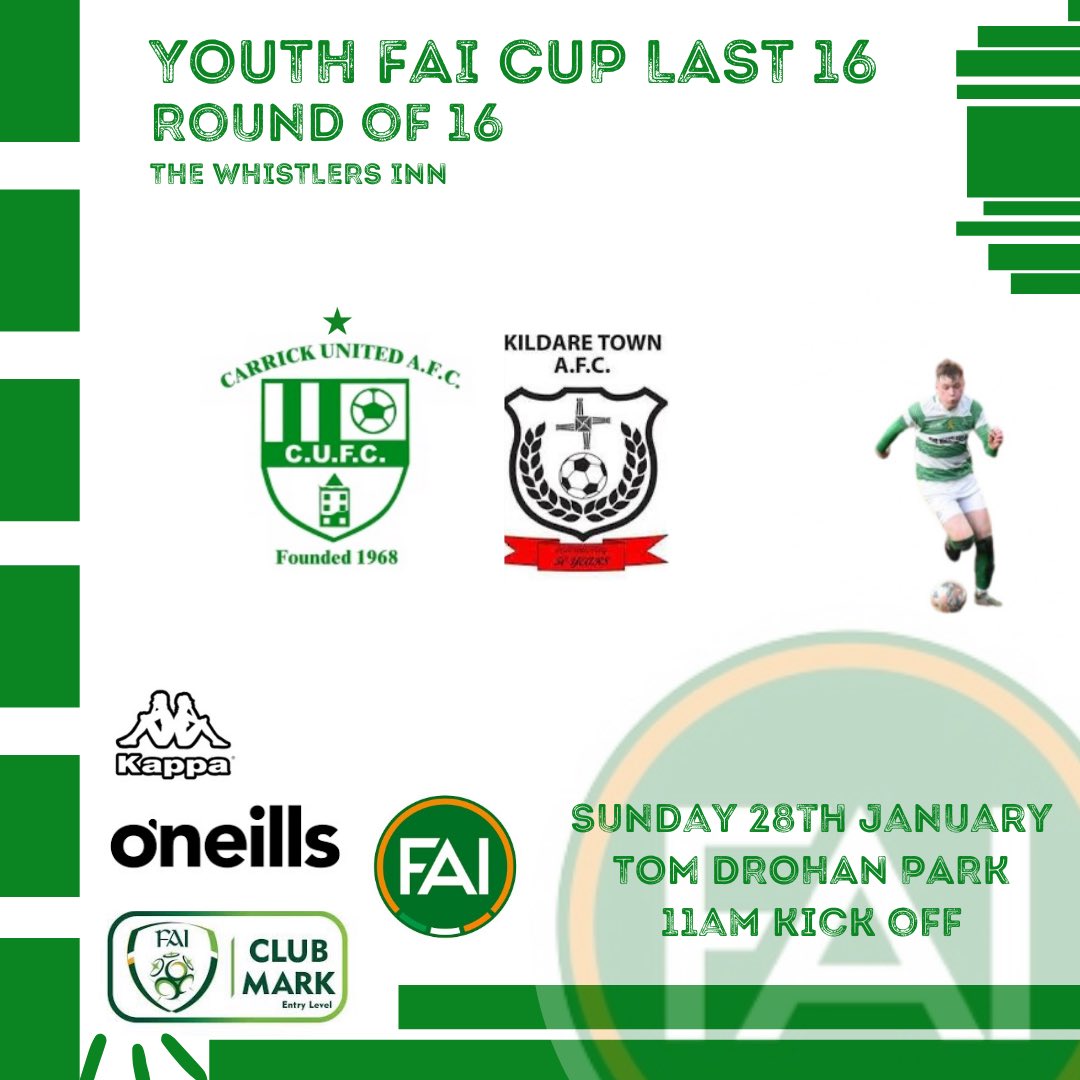 🏆FAI YOUTH CUP🏆
A quick look ahead at this massive fixture for our Youth side as they prepare to take on Kildare Town in the last 16 of the FAI Youth Cup on the 28th of January with a 11AM KO🟢⚪️

🆚Kildare Town
🕛11AM KO
🏟️Tom Drohan Park
🏆FAI Youth Cup
🗓️28th January