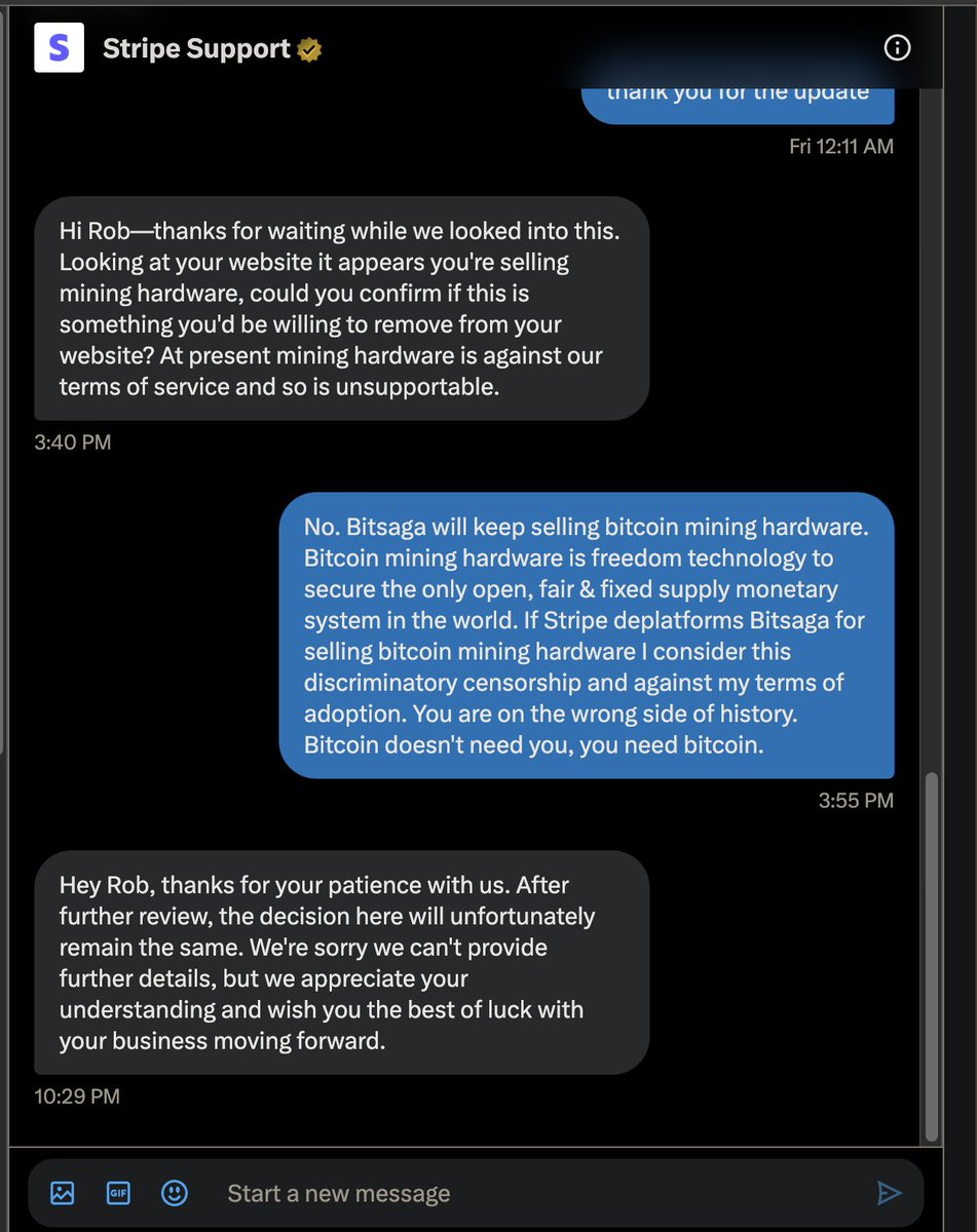 BitsagaRob's tweet photo. @stripe Update: they have answered. Their decision will remain: deplatforming for selling #bitcoin mining hardware. This is the very reason bitcoin exists. This is why we do what we do. This is about freedom. Freedom to transact. Thank you for the support. We are legion. @BitcoinNewsCom https://t.co/lWKVKLjXbq