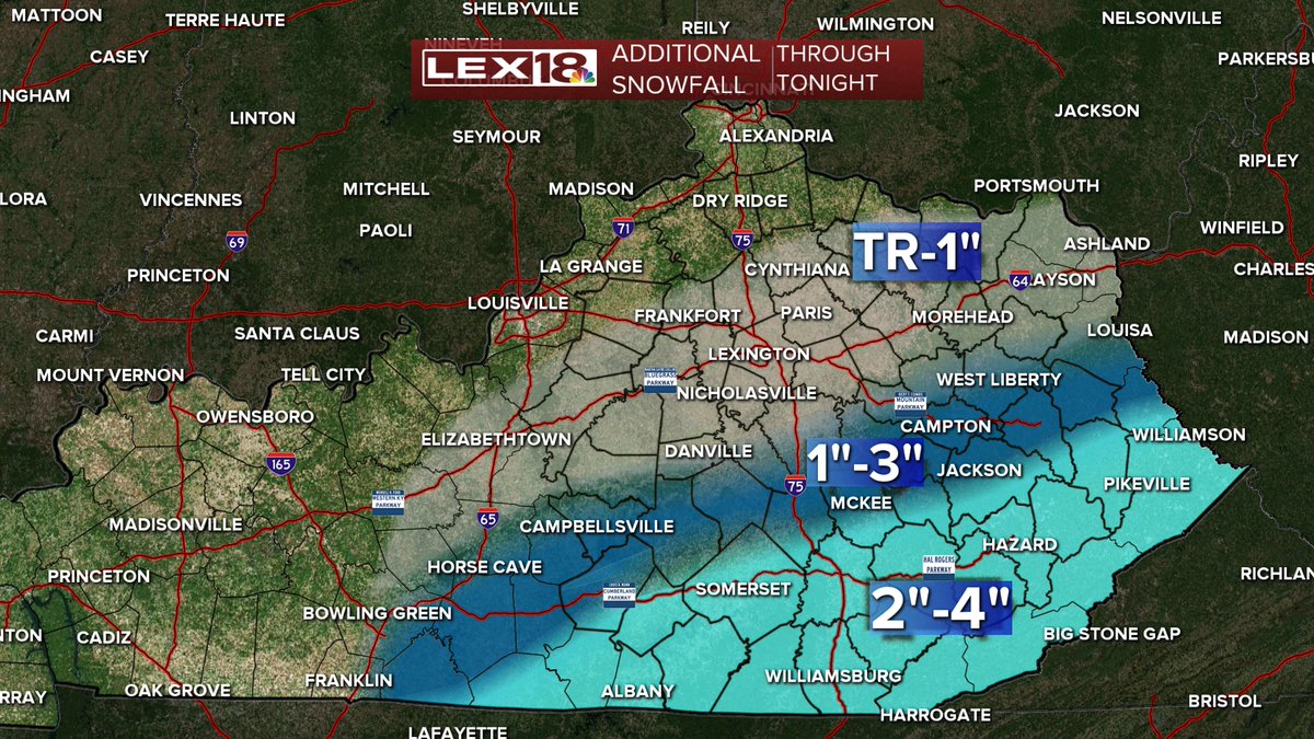 BillMeck's tweet photo. WINTER STORM WARNING continues for the southern half of the area an Advisory is up to I-64. Heaviest additional snow tonight south of Lexington with slick roads in many places. Very cold Tuesday morning with chills below 0. Next snow arrives late this week!
#18StormTracker #kywx https://t.co/vzpOdF4qaX