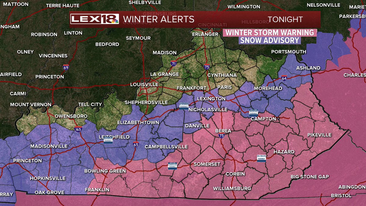 BillMeck's tweet photo. WINTER STORM WARNING continues for the southern half of the area an Advisory is up to I-64. Heaviest additional snow tonight south of Lexington with slick roads in many places. Very cold Tuesday morning with chills below 0. Next snow arrives late this week!
#18StormTracker #kywx https://t.co/vzpOdF4qaX