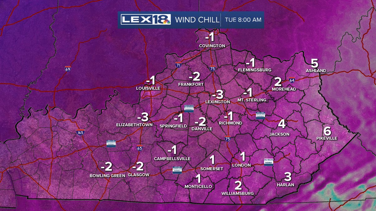 BillMeck's tweet photo. WINTER STORM WARNING continues for the southern half of the area an Advisory is up to I-64. Heaviest additional snow tonight south of Lexington with slick roads in many places. Very cold Tuesday morning with chills below 0. Next snow arrives late this week!
#18StormTracker #kywx https://t.co/vzpOdF4qaX