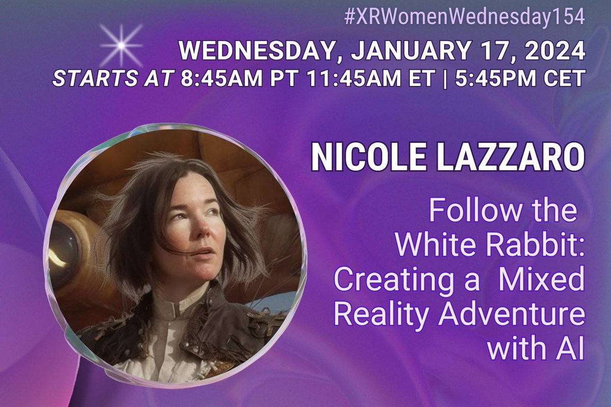 Looking forward talking as a XR Women Special Guest about Follow the White Rabbit and AI! Weds 8:45 AM PT / 11:45 AM ET. Register and 'Request Admittance' on Engage. bit.ly/48AzAMg

#XR #XRWomen #applevisionpro #apple #spatialcomputing #AR #vr #visionpro vision pro
