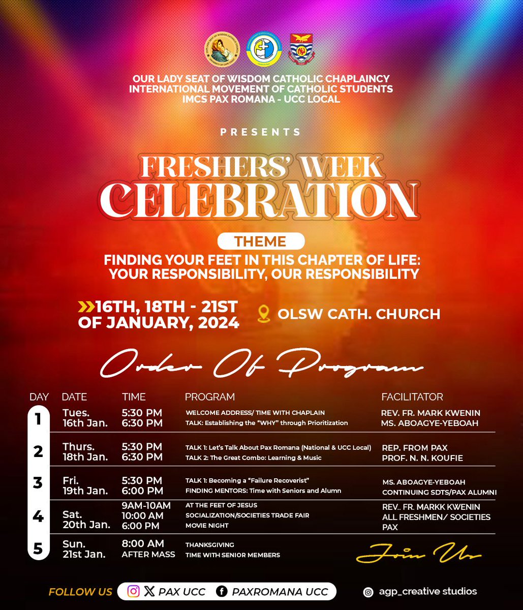 PaxUcc's tweet photo. Pax ooo….Peace ooo…🥰❤️

Join us for an amazing Freshers Week Celebration at Our Lady seat of wisdom Catholic Chaplaincy.🎉

 It's a week filled with fun, friendship, and faith. 💕🫂 https://t.co/VcGxqcrn6X