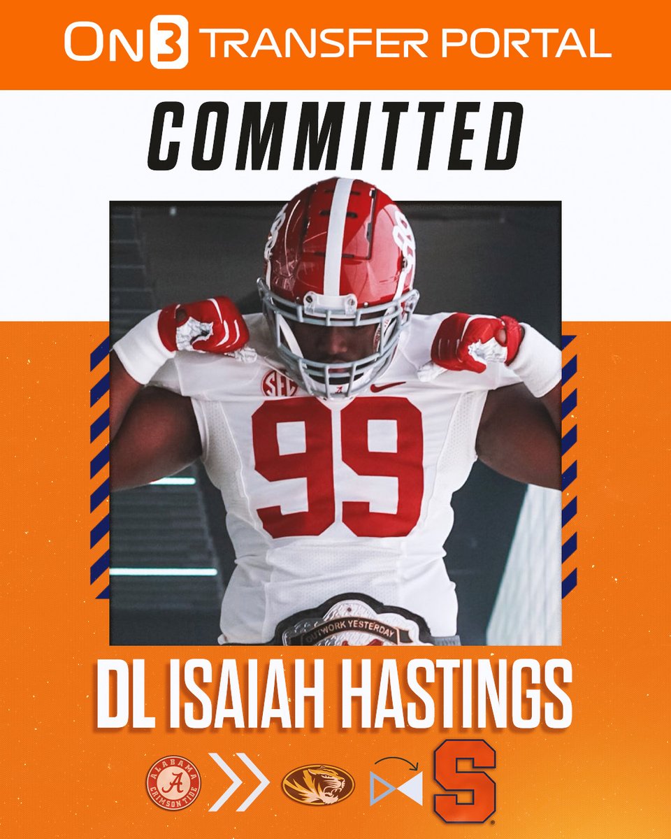 BREAKING: Alabama transfer DL Isaiah Hastings has flipped his commitment from Missouri to Syracuse🍊

He was ranked 53rd NATL (No. 7 DL) in the 2022 On300.

on3.com/transfer-porta…