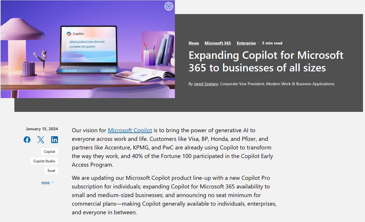 NEW! Microsoft 365 Copilot is now available for purchase with any license amount (300 license minimum NO LONGER required)  

This includes EDU 🥳  

Blog: microsoft.com/en-us/microsof… 

#edtech #MIEExpert #MicrosoftEDU