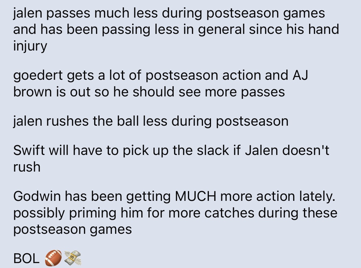 DataNerdBets's tweet image. Eagles / Buccs parlay 🏈

Write up on my logic is in the picture to the right. Best of luck! 💸

.
.
.
#parlay #sgp #picks #GamblingTwitter #SportsBettingX #sportsbettingtwitter #jalen #hurts #goedert #swift #godwin #bet #freepicks #NFL #postseason #playoff #playoffs
