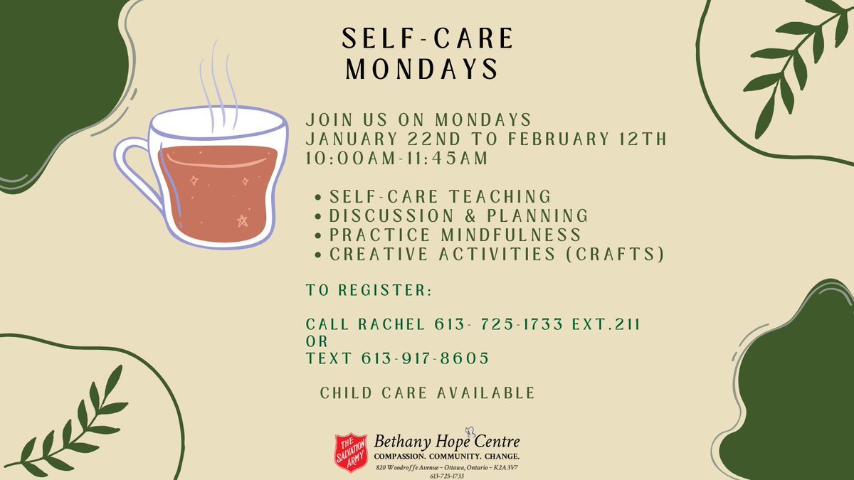 BethanyHopeCtr's tweet photo. 🌿✨ Nurture your well-being with us every Monday! Join our Self-Care Mondays from January 22nd to February 12th, 10:00 am - 11:45 am. 🧘‍♀️It's time to prioritize YOU. See you there! 💖  #BethanyHopeCentre #CompassionCommunityChange #SelfCare #YOW #YoungParents https://t.co/ZreYeGB2Cp