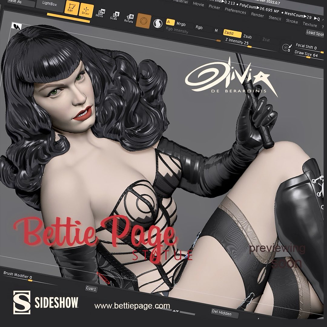 This is a @maxonzbrush  screenshot of my sculpt of @BettiePage. RSVP to keep up with upcoming info on her arrival. (search Bettie Page to find the rsvp) @collectsideshow 
@OliviaPinupArt #sideshowcollectibles #BettiePage #OliviaDeBerardinis