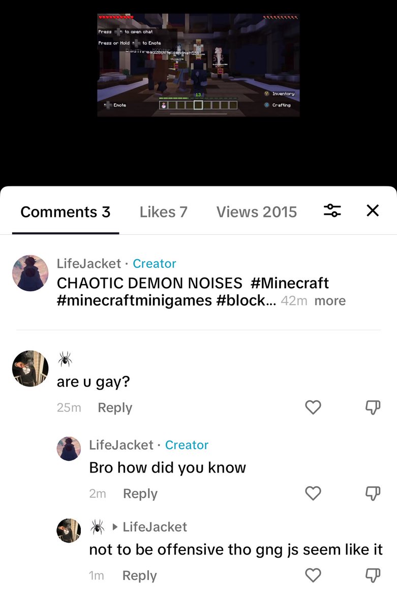 lifejacketlive's tweet photo. When are we banning kids from the internet??? 
But also how did they know from me screaming in game 🤭
#Minecraft https://t.co/W2j18oHLzC