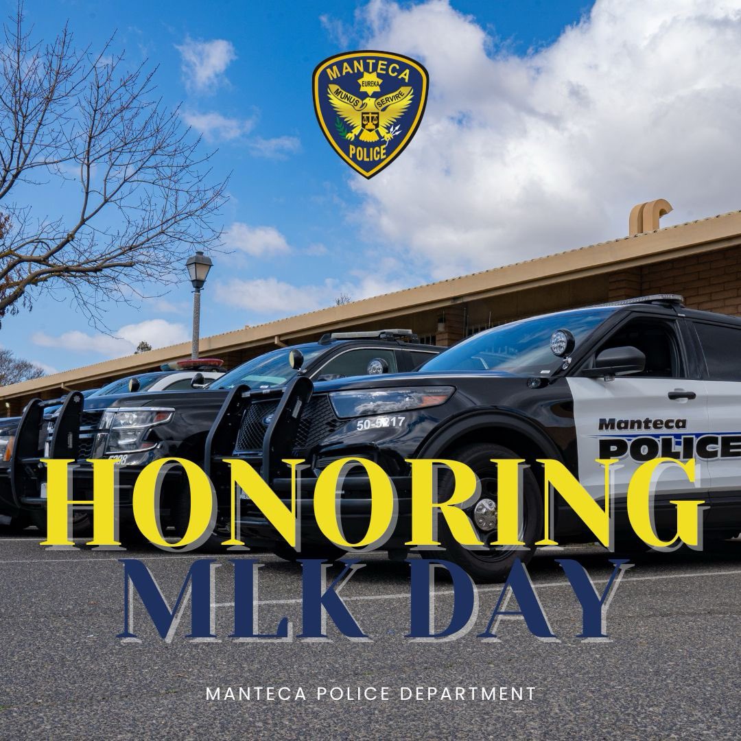 Today, as we honor Dr. King's memory, let us collectively reaffirm our dedication to the values he championed. Together, we strive for a future marked by unity, compassion, and progress. 💙⁠
⁠
#MLKDay #MantecaPD #TeamManteca