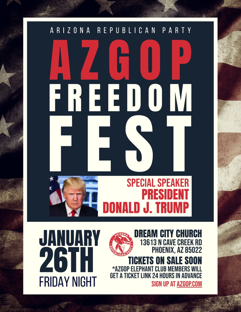 AZGOP's tweet photo. 🚨BREAKING NEWS🚨
We are pleased to announce that President @realDonaldTrump is coming to Arizona for the @AZGOP Freedom Fest!
We hope you will join us! 🇺🇸🇺🇸🇺🇸
Details⤵️ https://t.co/sFausXnUAN