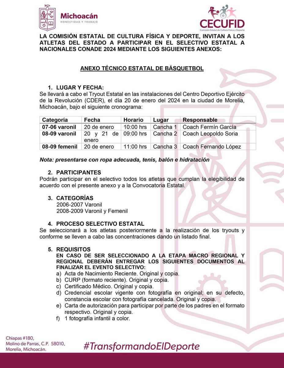 CecufidOficial's tweet photo. ¡Atención basquetbolistas! Compartimos el anexo técnico para los siguientes tryouts rumbo a Nacionales Conade 2024. En los próximos días daremos a conocer más información sobre el tryout restante (Femenil 2006-2007).
#TransformandoElDeporte
#HonestidadyTrabajo https://t.co/9j2WV6FBcc