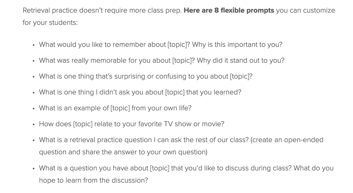 debralcamp's tweet photo. 8 questions to use that require no prep and can be used in the moment to retrieve information and past learning.  Some of them involve having students help generate the questions too. https://t.co/O3790ftpFB