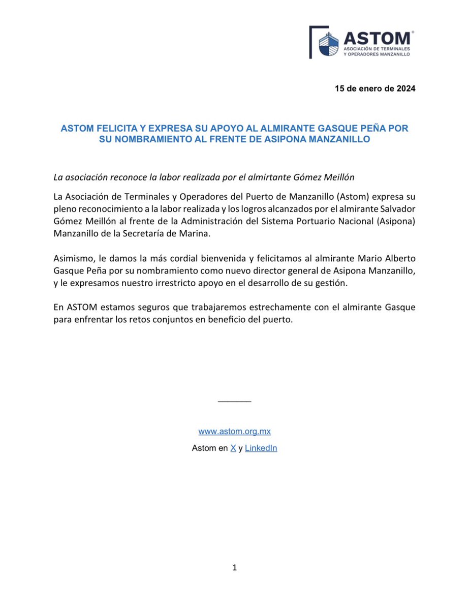 astom_mx's tweet photo. ASTOM expresa su irrestricto apoyo al nuevo director general de @ASIPONA_Man

@ConteconMzoOf @grupo_tap #HAZESA #FRIMAN @ssamexico_ @_OCUPA #CorporaciónMultimodal https://t.co/4aXwYDkdwv