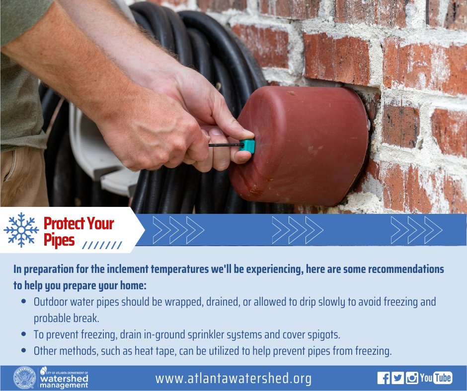 ATLWatershed's tweet photo. The Department of Watershed Management would like to remind our customers that anybody witnessing water flowing from streets or sidewalks should notify ATL 311 at 404-546-0311.🚰❄️ #ATLDWM #ProtectYourPipes #ATLWatershed https://t.co/hO3euLtJP4
