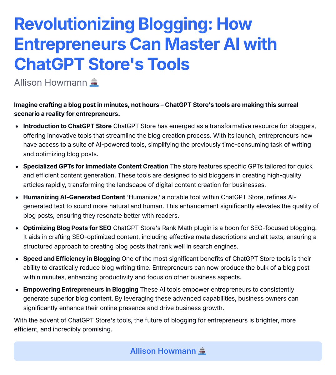 AllisonHowmann's tweet image. Revolutionizing Blogging: How Entrepreneurs Can Master AI with ChatGPT Store's Tools #ChatGPTStore #BloggingRevolution #AIinBlogging #ContentCreationTools #EntrepreneurBlogging #SEOOptimization #DigitalContentCreation #BlogPostEfficiency #AIWritingTools #BusinessGrowthStrategy