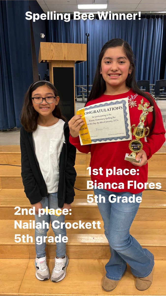 Kuentz Spelling Bee! Bianca Flores took first place for the second year in a row! Nailah Crockett was our runner up! All 25 participants spelt over 300 words correctly! @michellebunn07 @ritchey5th @KConner1213