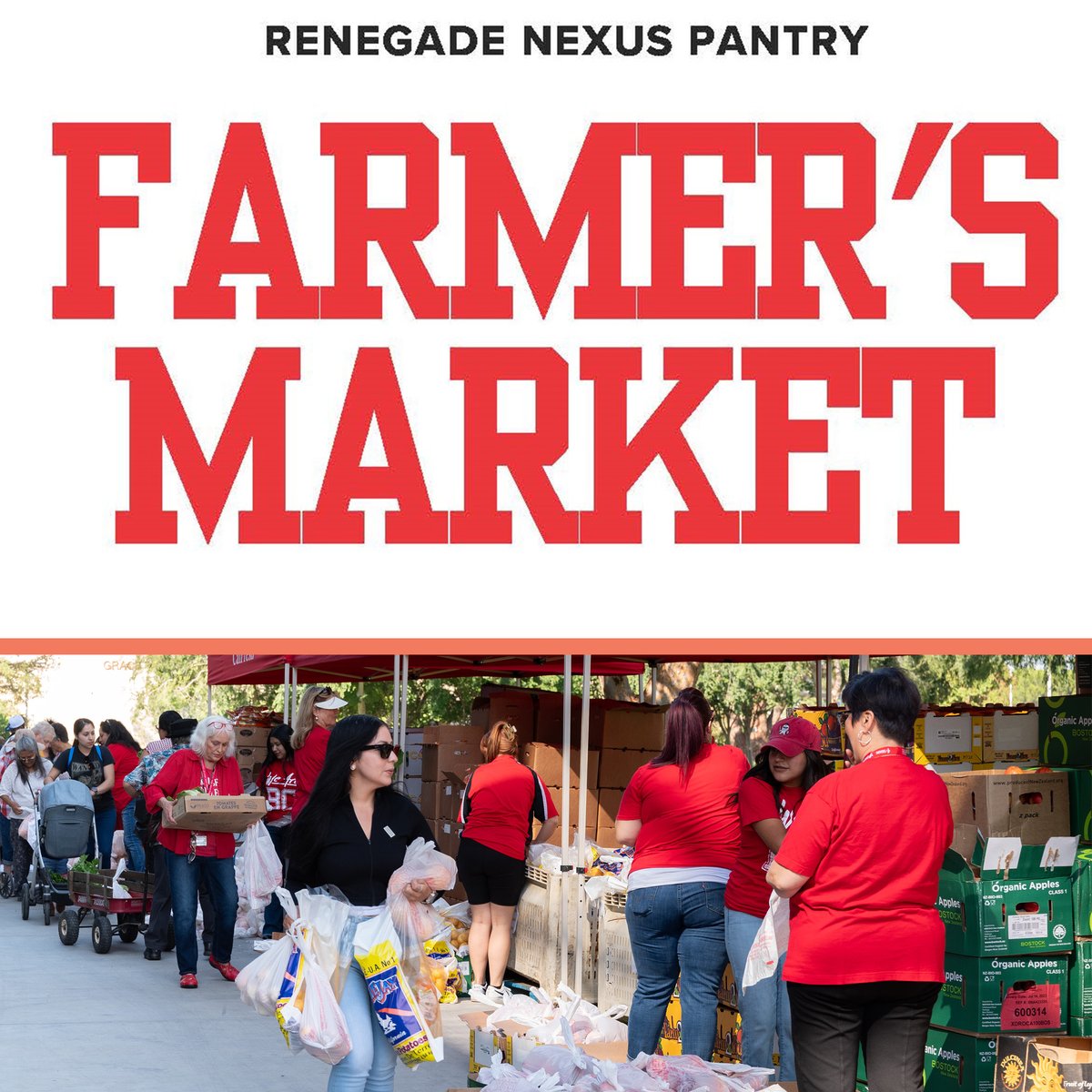 Join us for the Renegade Nexus Pantry Farmer's Market on January 16, 2024, at 10:00AM near the CSS Lawn. All items are free and provided on a first-come, first-serve basis. Please bring your own reusable bag.