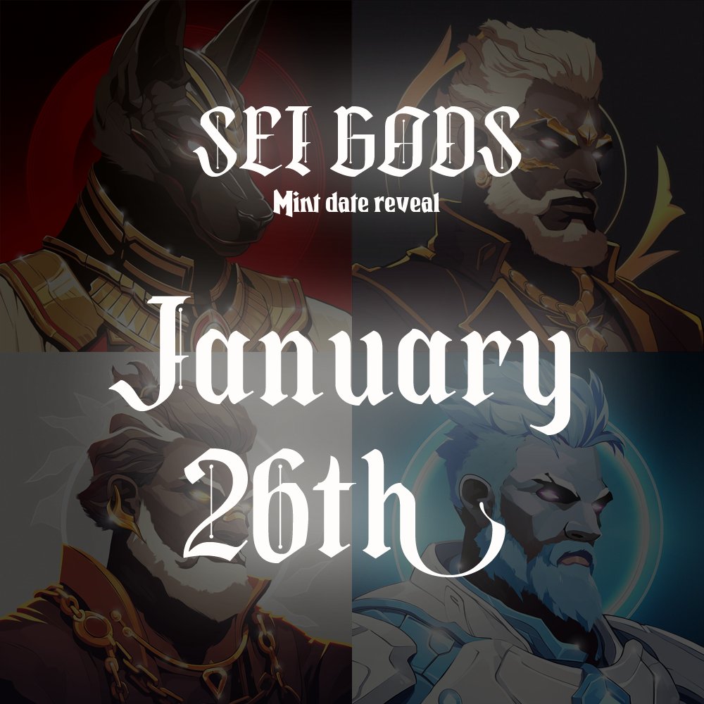 SeiGodsNFT's tweet photo. LAUNCH DATE ANNOUNCEMENT 🔱🔱🔱
We are happy to announce that our official launch date is set on:

🔱 JANUARY 26TH 🔱

Head over to our Discord for more news:
https://t.co/iU6XvS2svw https://t.co/iFR20OxkJl