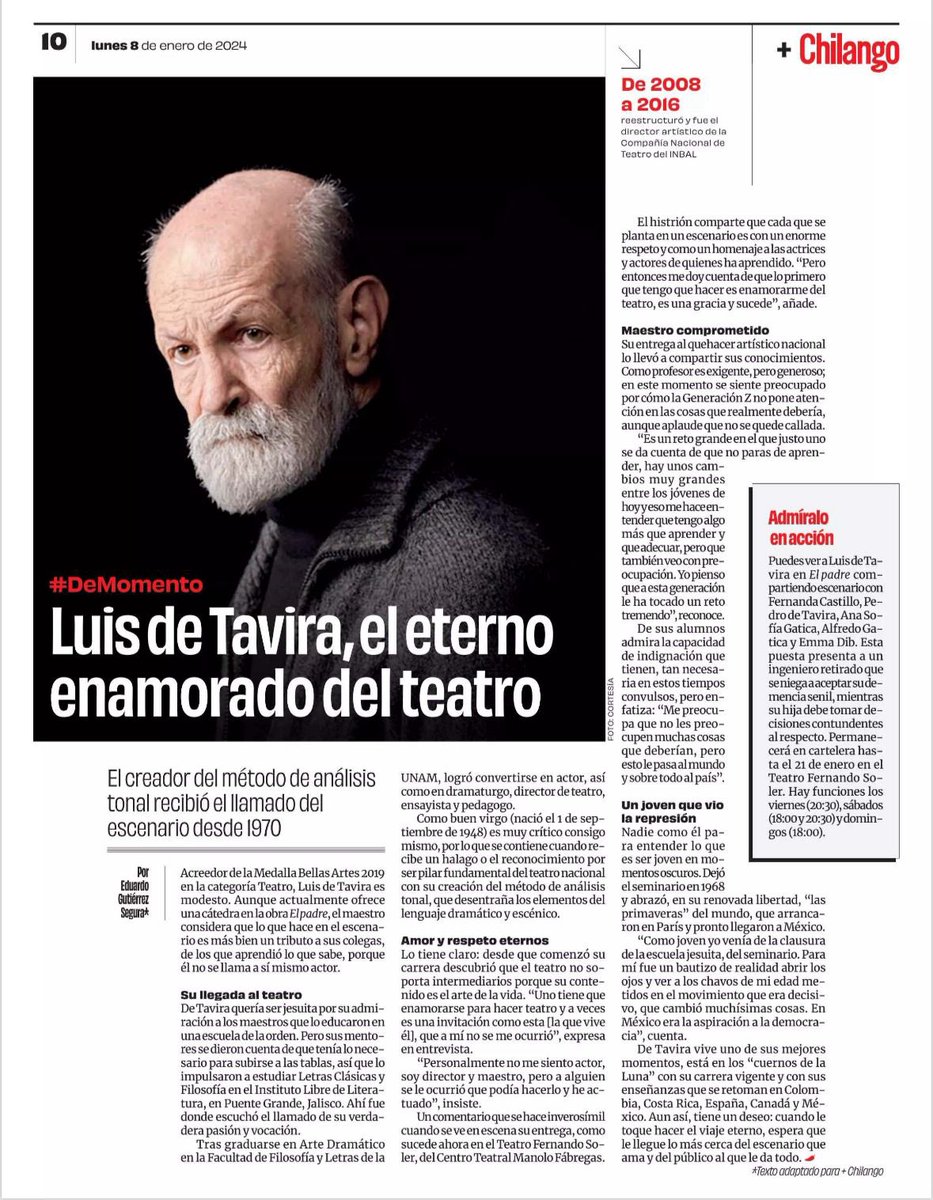 Luis de Tavira cuenta para @chilango de su carrera actoral en el teatro. 🎭 ¡No te lo pierdas en #ElPadre! 📍 Teatro Fernando Soler