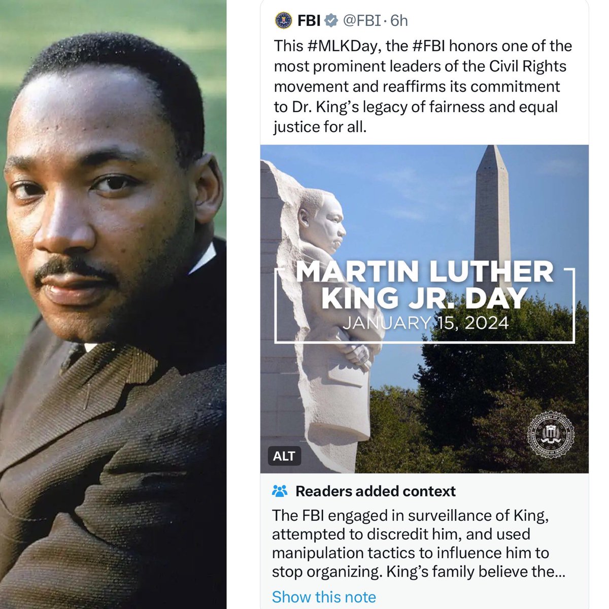 DailyLoud's tweet photo. Twitter/X community notes the FBI for their Martin Luther King Jr. post:

“The FBI engaged in surveillance of King, attempted to discredit him, and used manipulation tactics to influence him to stop organizing” https://t.co/SgZZZOHuDB