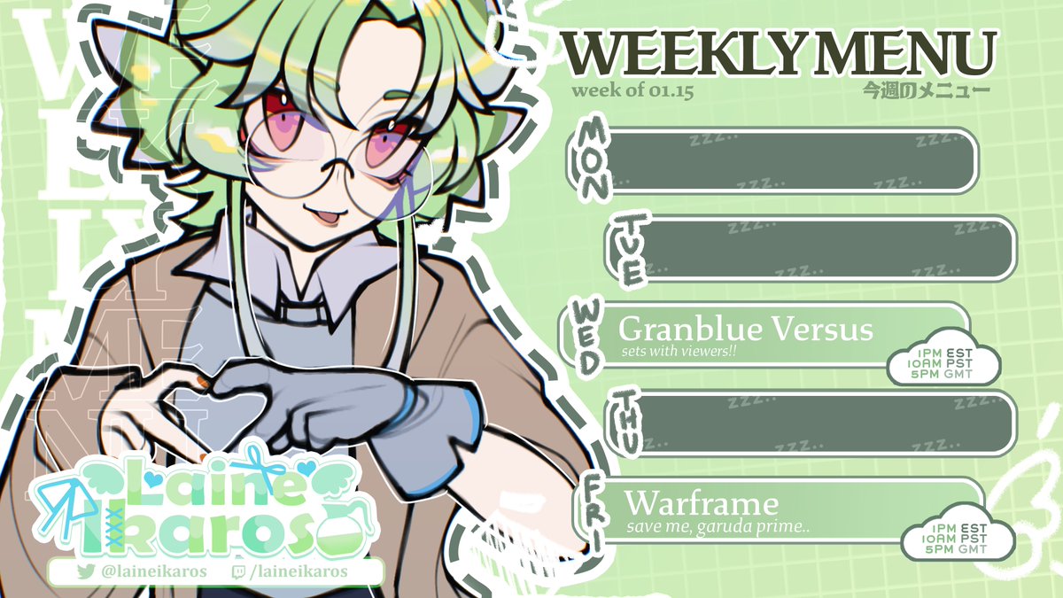 laineikaros's tweet photo. { WEEKLY MENU 01.15 → 01.19 } 🦜☕️

been a while since the café's had a schedule, huh? we'll have streams on Sat + Sun too, but I don't have my schedule set up for it yet.. oops!! let's have a great week!!

🎨: @/renata11033 #calainedar #envtuber https://t.co/OKEuAKAcSY