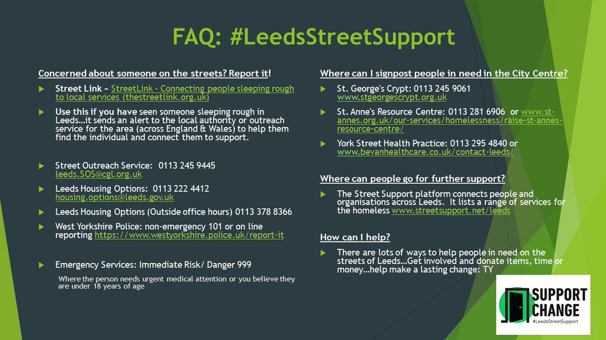 @LeedsHomelessCH @streetsupportuk To the @PeopleofLeeds if you see anybody #RoughSleeping please @Tell_StreetLink 24/7 who will alert #LeedsStreetSupport services who reach out…be the link, #SupportChange 
…come in from the cold…
#PeopleFirst