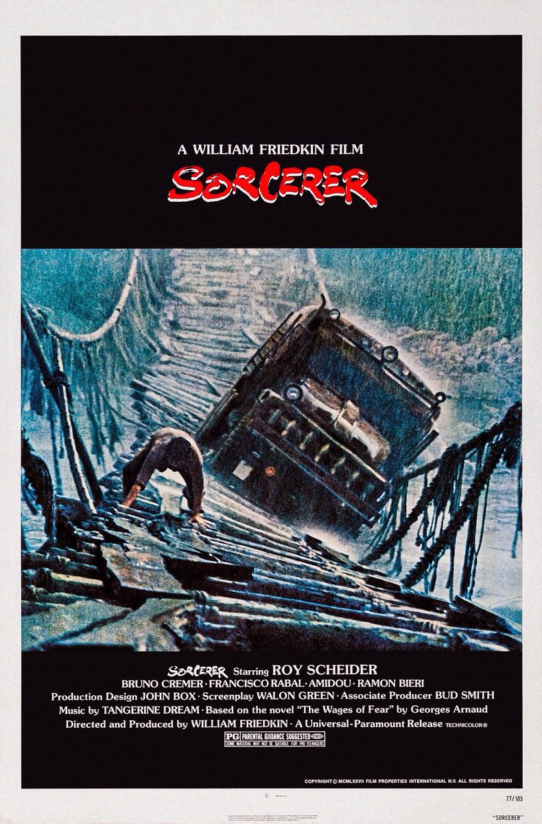 CultoftheCinema's tweet photo. #FilmWatch Sorcerer (1977) directed by William Friedkin, starring Roy Scheider, Bruno Cremer and Joe Spinell. A gangster, a crooked banker, a hit man and an Arab terrorist are stranded and on the run in a small village in South America. Their only chance of escape is to drive.. https://t.co/swm2ZyVqCg