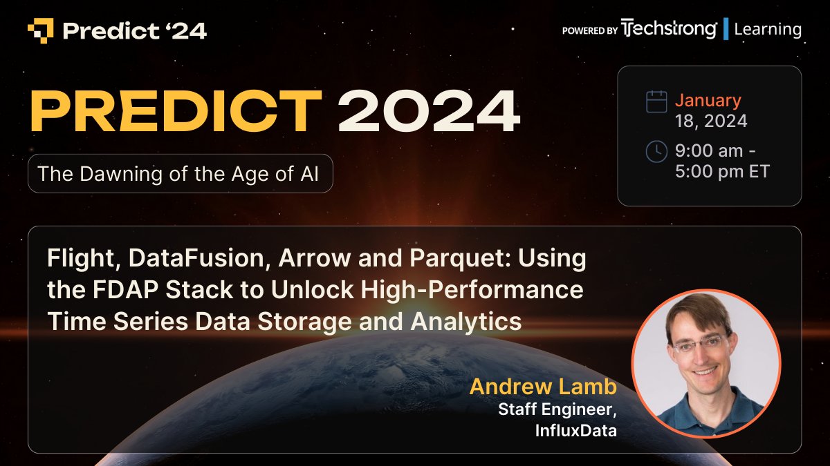 InfluxDB's tweet photo. Join us at #Predict24 for a discussion where we'll discuss why we used the FDAP stack as the foundation of #InfluxDB 3.0 and the benefits of this architecture for users.
⭐ FDAP = Flight, DataFusion, #ApacheArrow, & Parquet
Register for free 🔜 https://t.co/enPUfFNpyU https://t.co/nTIKJjNPtJ