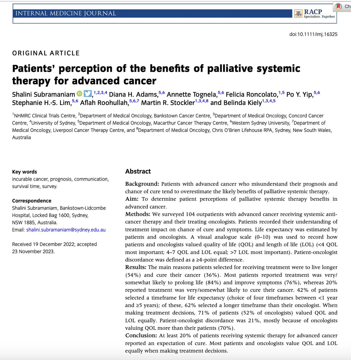 In this cohort of Australian patients with advanced cancers, at least 20% had some expectation of cure from palliative systemic therapy. 

Read our paper in <a href="/The_IMJ/">The IMJ</a> #OpenAccess
Link: onlinelibrary.wiley.com/doi/full/10.11…