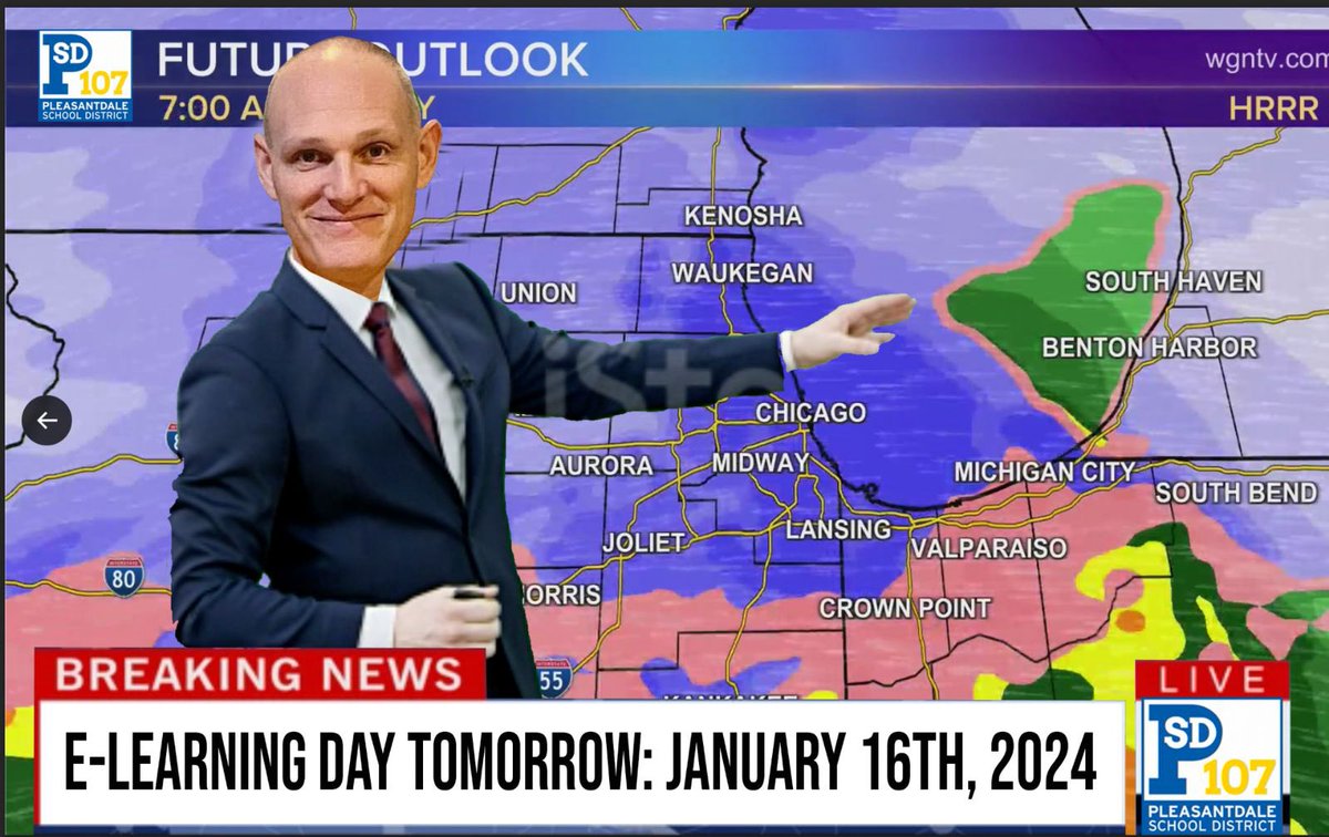 Dr. Palzet and the D107 admin team have been doing their best 'Tom Skilling' this weekend. Out of an abundance of caution, we will pivot to an eLearning Day for Tuesday, January 16, 2024. Parents and staff, please check your email for more information. Stay warm and stay safe!