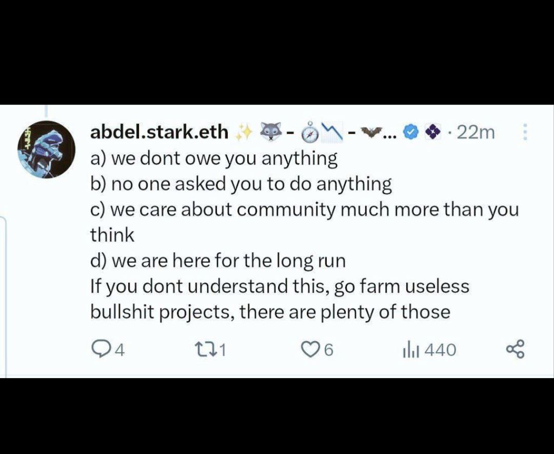 SBFYC's tweet photo. @abdelstark Starknet, led by abdel.stark.eth, prioritizes only developers. Those enduring 20-min transactions in testing are seen as electronic beggars. No gratitude. Starknet no longer values its community! https://t.co/dLTLb3Pasa