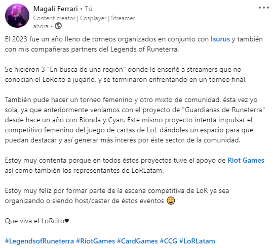 En Twitter no me entra porque no tengo el verificado así que sale captura de pantalla de lo que puse en Linkedin :) por cierto si me quieren buscar ahí tienen mi nombre♥

Felíz de poder seguir impulsando a <a href="/PlayRuneterra/">Legends of Runeterra</a> <a href="/LoRLATAM/">Legends of Runeterra LATAM</a> ♥ <a href="/teamisurus/">Isurus</a> <a href="/BiondaCosplay/">La Bionda❤️‍🔥</a> <a href="/CyanideKandies/">✨ INF Cyan✨</a>