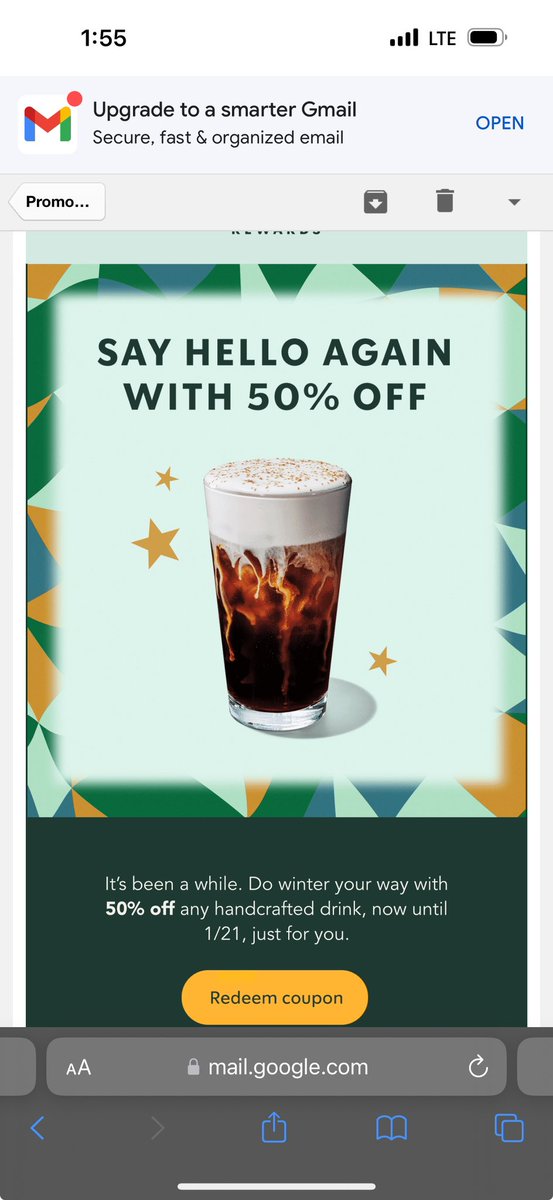 heelsanonymous's tweet photo. @Starbucks emailed me a “we miss you” coupon, aw, just like they “missed” the opportunity to support Palestine🇵🇸 bye 🚫 #FreePalaestine #starbucksboycott #nomorestarbucks #freegaza #EndTheOccupation #CeasefireNOW #Gaza #Palestine https://t.co/BtAq19Cd9A