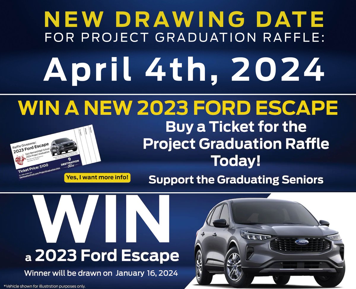DestinationFord's tweet image. Project Graduation&apos;s drawing date has been CHANGED to: April 4th, 2024! 🤩

Use this time to buy a ticket for a chance to win a 2023 Ford Escape and support the EBHS Senior Class at: ow.ly/4kwX50Qr5Pq!

#destinationford #eastbernardtx #projectgrad #eastbernardhighschool