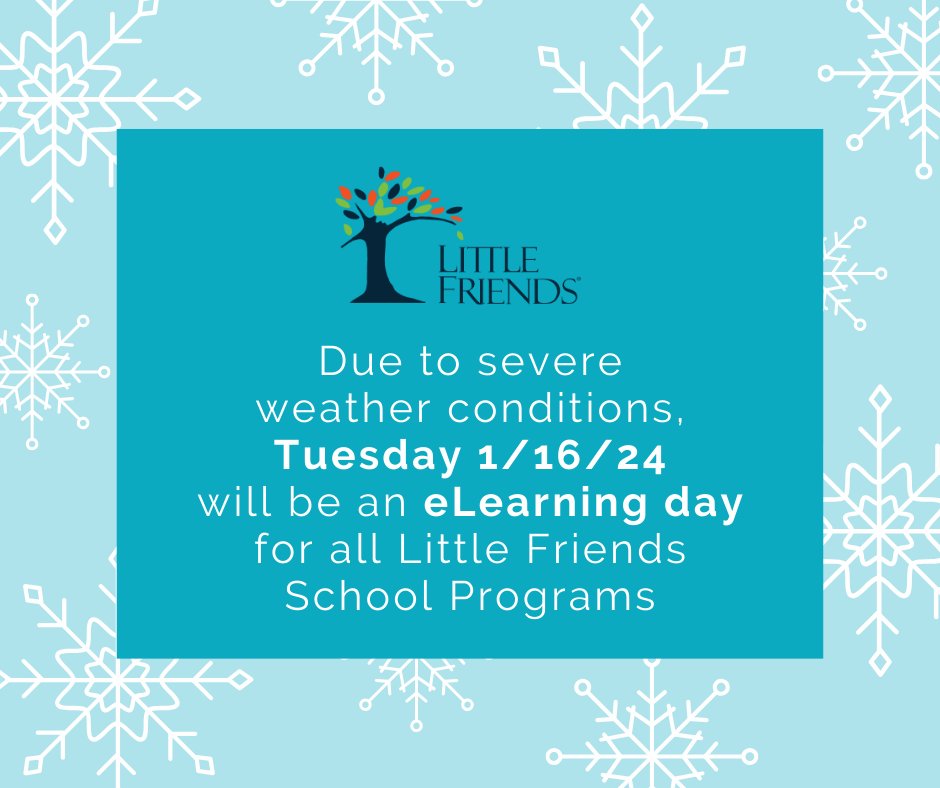 Little Friends (@littlefriendsil) on Twitter photo <a href="/LittleFriendsIL/">Little Friends</a> School Programs will be closed on Tuesday, January 16, 2024, due to severe weather conditions. It will be an eLearning Day for all Krejci Academy and Mansion High School students. <a href="/LittleFriendsIL/">Little Friends</a> School Programs will be closed on Tuesday, January 16, 2024, due to severe weather conditions. It will be an eLearning Day for all Krejci Academy and Mansion High School students.