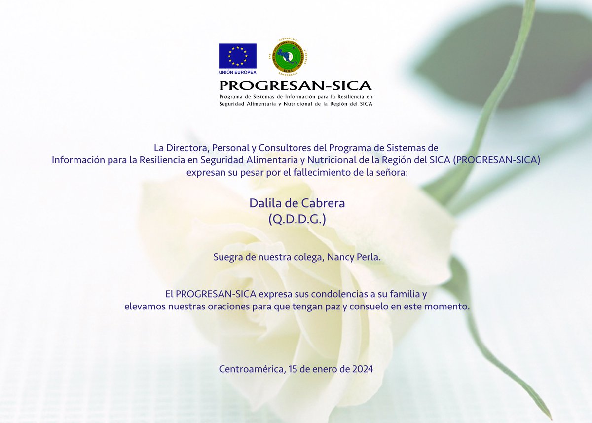 PROGRESANSICA's tweet photo. La Directora, Personal y Consultores del PROGRESAN-SICA expresan su pesar por el fallecimiento de la señora:

Dalila de Cabrera
(Q.D.D.G.)

Suegra de nuestro colega, Nancy Perla.

El PROGRESAN-SICA expresa sus condolencias a su familia y amigos. https://t.co/tqNDmQLhGP