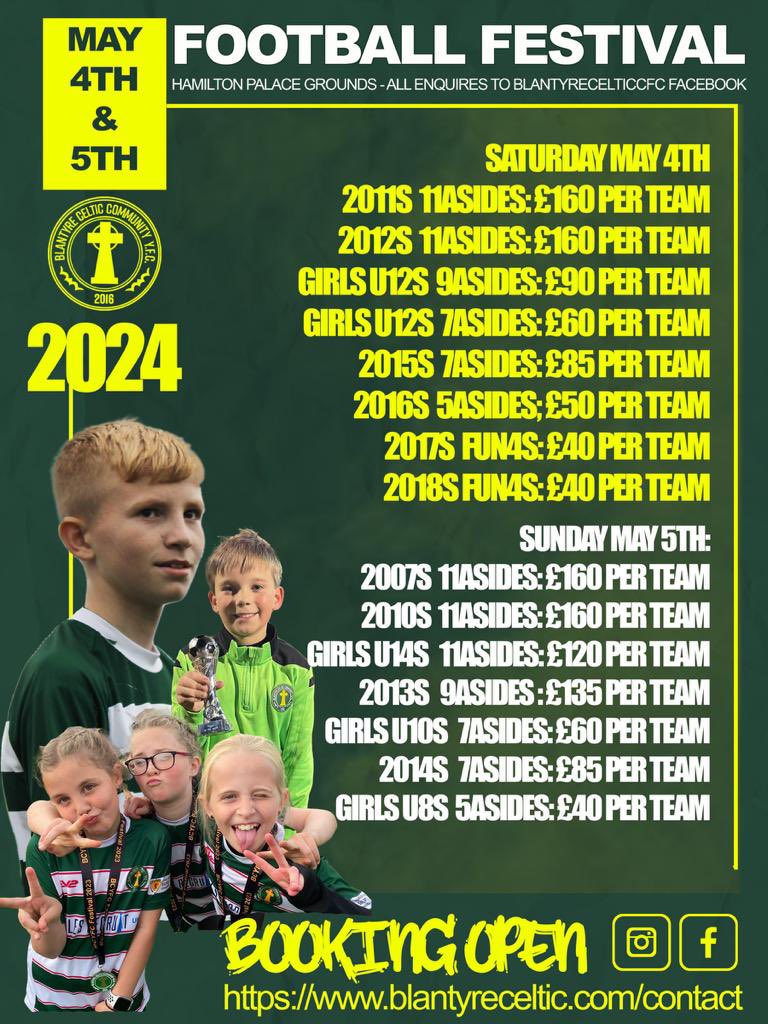 BOOKINGS NOW LIVE!!! 

Contact via FB messenger 

Or

blantyreceltic.com/contact

*In the event that a registered team decides to withdraw, please note that the fees are non-refundable.*