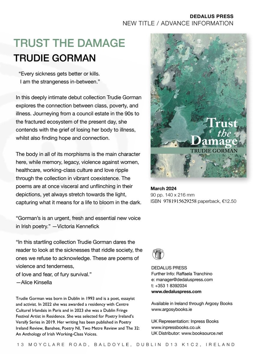 I'm so excited to announce that my first book, Trust the Damage, comes out on March 25th 2024 with Dedalus Press. I can't wait for you to read these poems!

<a href="/dedaluspress/">Dedalus Press</a> <a href="/poetryireland/">Poetry Ireland / Éigse Éireann</a>