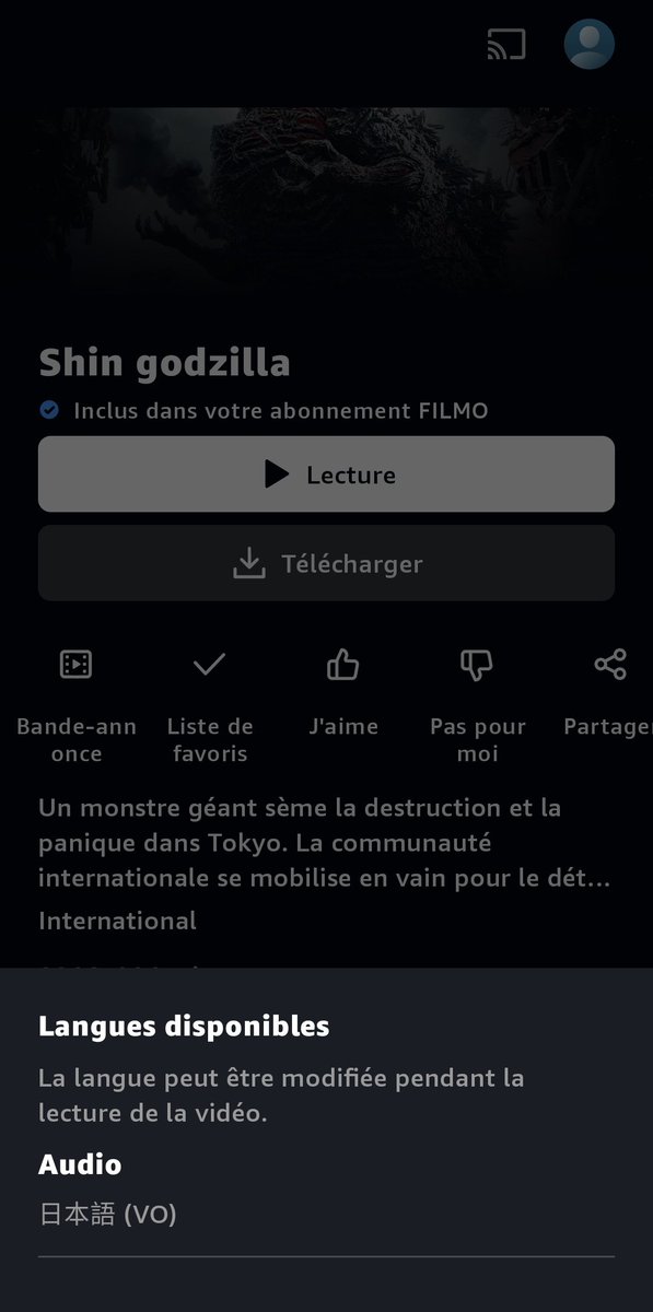 cinepech's tweet photo. @filmotv Bonjour je suis abonné via Prime Video (@PrimeVideoFR). Les sous-titres ne sont pas disponibles pour Shin Godzilla. Serait-il possible de les ajouter ? Merci. https://t.co/XKrzQbO1PF