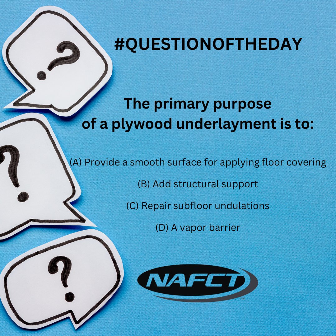 #questionoftheday Ready to deepen your knowledge? Enroll in our Subfloor Prep Certification Course and uncover the correct answer and more! Register now at nafct.com/courses/subflo….
#FlooringEducation #SubfloorPrep #NAFCT4U #NAFCT4ALL