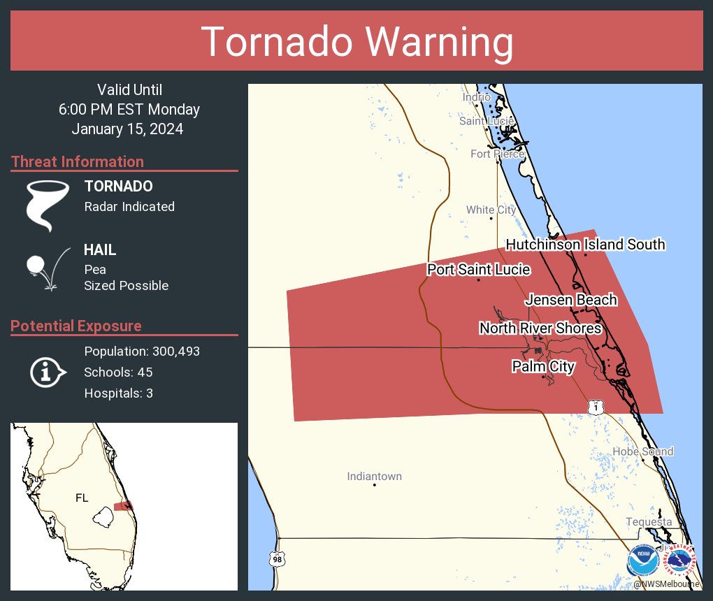NWStornado's tweet photo. Tornado Warning including Port Saint Lucie FL, Palm City FL and  Stuart FL until 6:00 PM EST https://t.co/aeajcGpEOl
