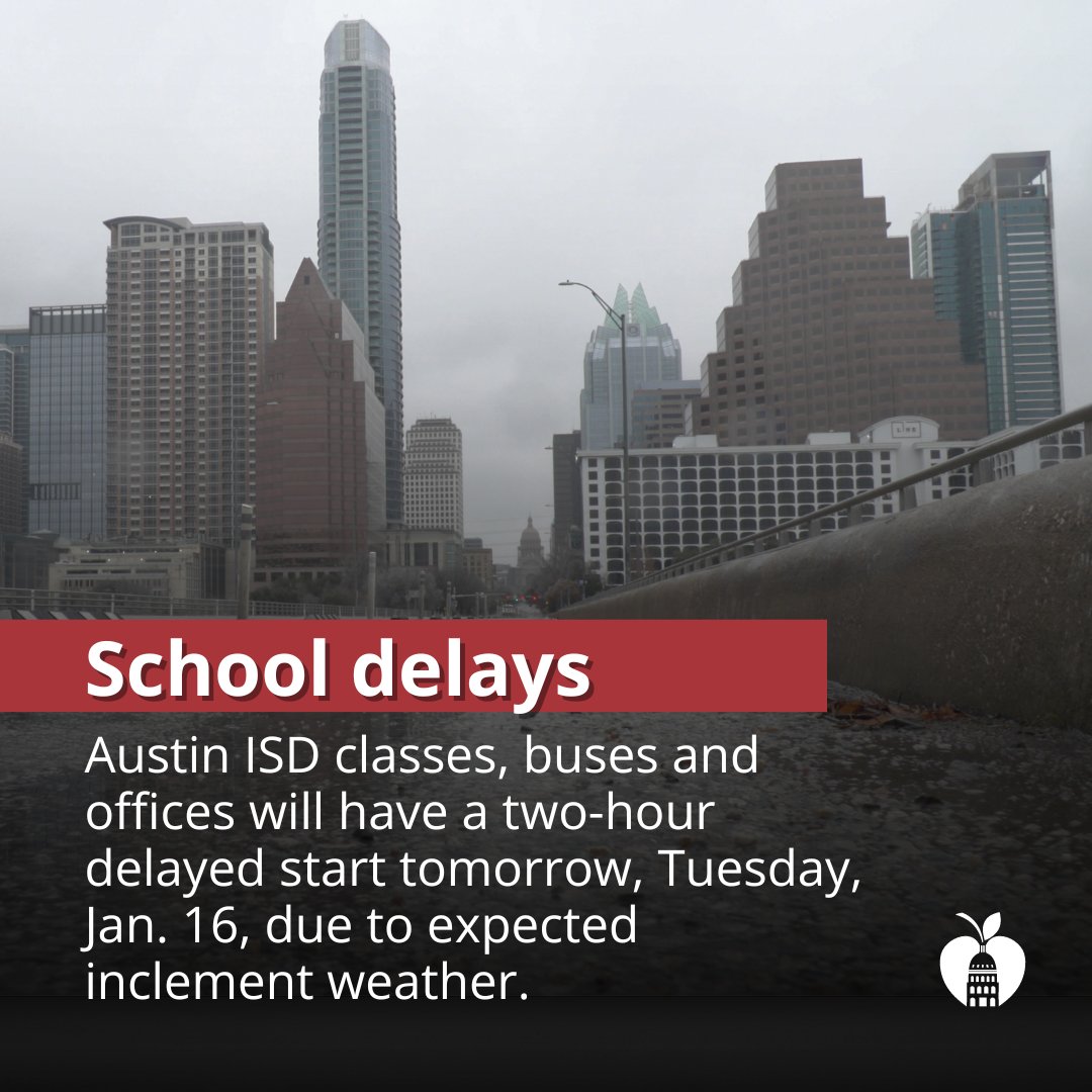 📢 Because of expected weather, Austin ISD is delaying the start time for all classes, buses and offices by two hours tomorrow, Tuesday, Jan 16 All after-school/outdoor activities will be brought indoors according to our temperature guidelines. 🔗: bit.ly/3vBPwiO 🧵/5