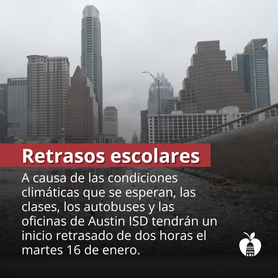📢 A causa de las condiciones climáticas que se esperan, Austin ISD está retrasando la hora de inicio de todas las clases, autobuses y oficinas dos horas mañana, martes 16 de enero.

3/5
