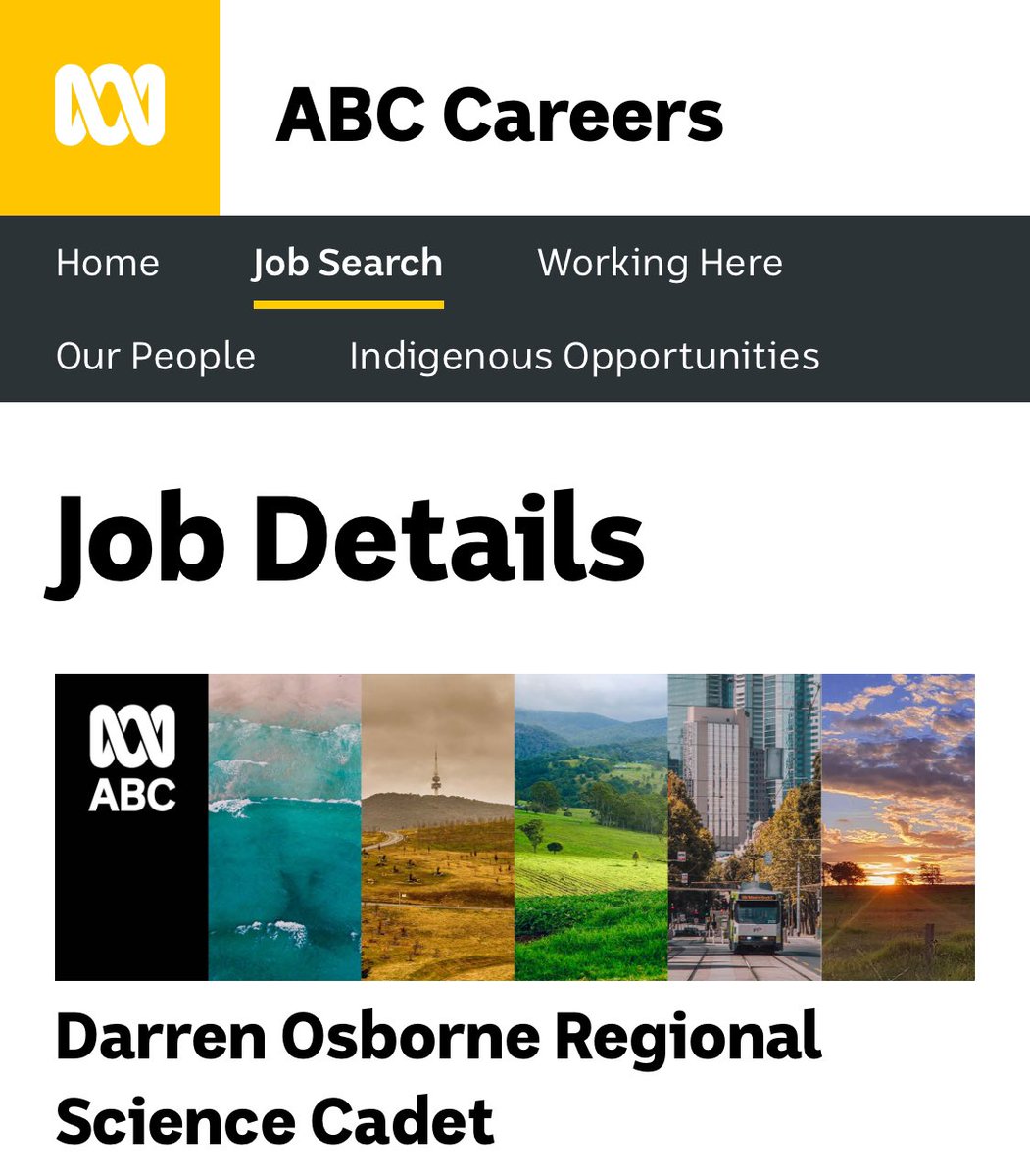 Sarah Chapman (@chapmansar) on Twitter photo For passionate regional scientists, here’s your opportunity to make an impact in science communication in regional Australia, with an <a href="/ABCscience/">ABC Science</a> Science Cadetship!!!
#regional #Australia #sciencecommunication #cadet
Check out the details here 👀
careers.abc.net.au/en/job/503710/… For passionate regional scientists, here’s your opportunity to make an impact in science communication in regional Australia, with an <a href="/ABCscience/">ABC Science</a> Science Cadetship!!!
#regional #Australia #sciencecommunication #cadet
Check out the details here 👀
careers.abc.net.au/en/job/503710/…