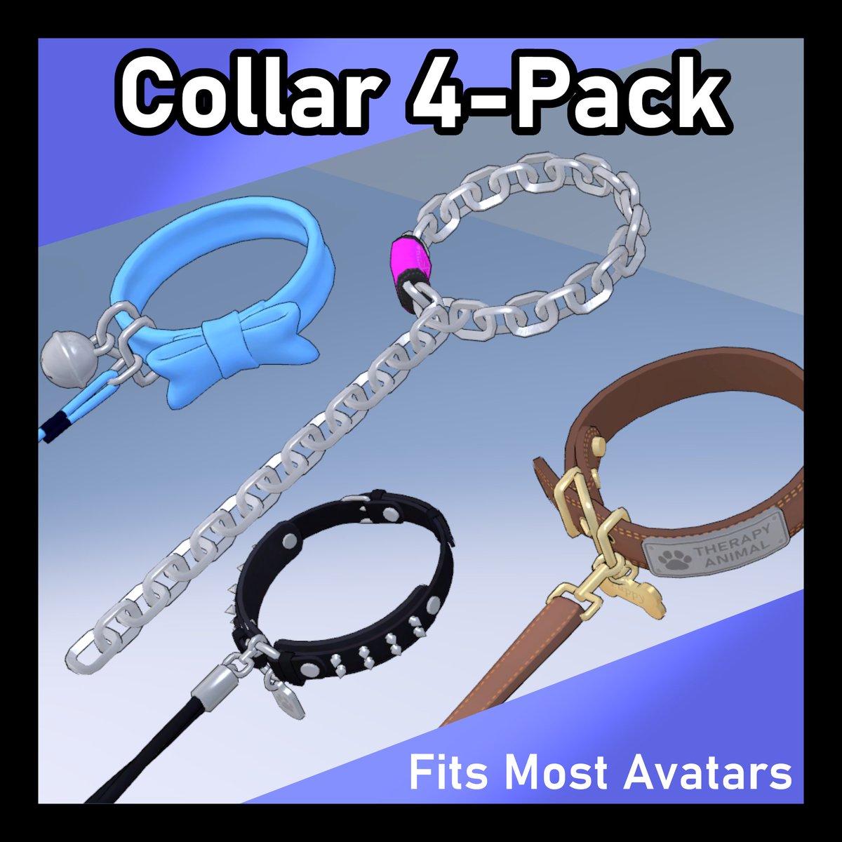 📢 - New pack up on my page! This is a pack of four collars with their own leashes, physbones, and textures, should work on most avatars.
🔗 found below this post!
#vrchat #furry