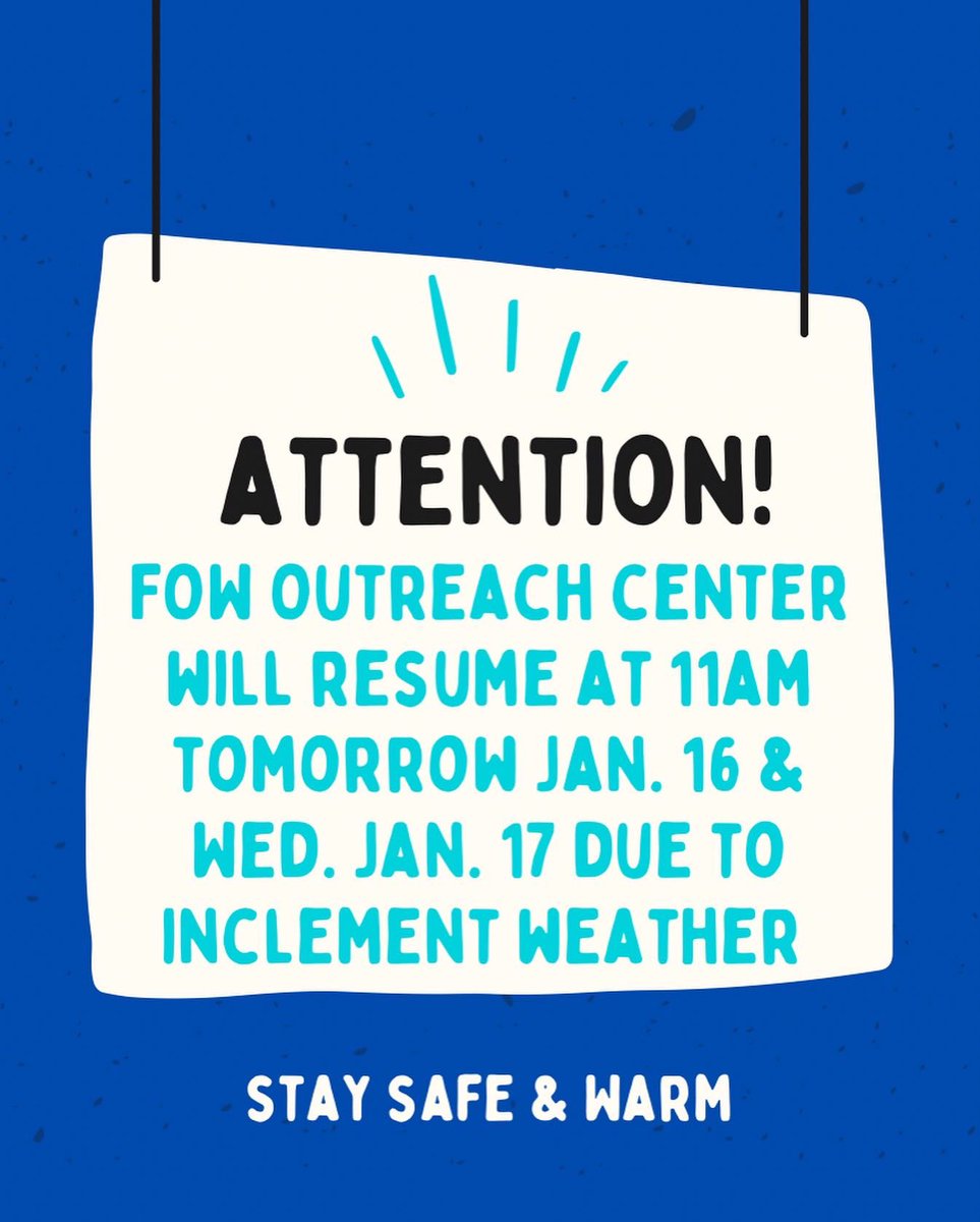 fowinc's tweet photo. In an effort to best support FOW staff and clients during the expected cold weather, the community center will open at 11 AM Tuesday and Wednesday. 

If you need immediate assistance during this time, please don't hesitate to call our 24-hr crisis hotline at (956) 544-7412 https://t.co/FoZYwJnFf8