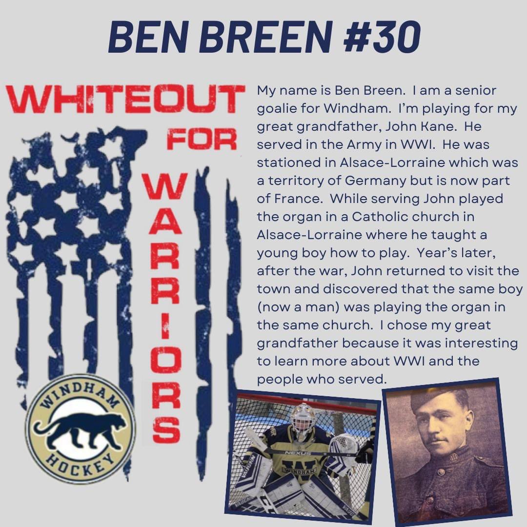 The Whiteout for Warriors game is January 20. All Londonderry and Windham players will wear a customized jersey honoring a veteran of their choice. Today we have Windham senior Ben Breen. #highschoolhockey #military #militaryappreciation
